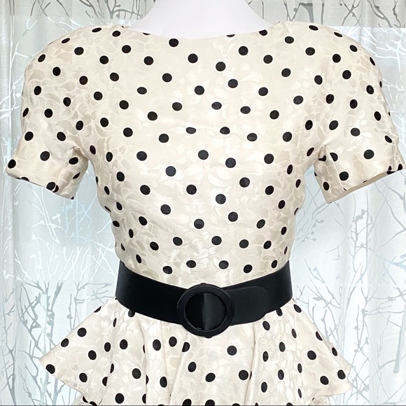 Vintage 1980’s SCAASI Boutique white black polka dot ruffle button up back dress - Picture 2 of 16